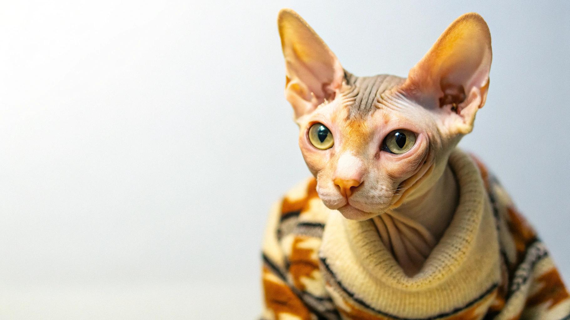 This stylish Sphynx cat is sporting a cozy, hand-knitted Aztec-patterned sweater, perfect for braving chilly Canadian winters.

The story goes that this charming feline, known as 'Purrfect Pecan' to his adoring fans, earned the sweater after winning top prize at the annual "Catwalk on the Catwalk" competition. The judges were blown away by his sassy strut and confident pose in front of a live audience, showcasing his natural charm. The prize was a bespoke sweater, tailored to fit Pecan's unique Sphynx physique.
