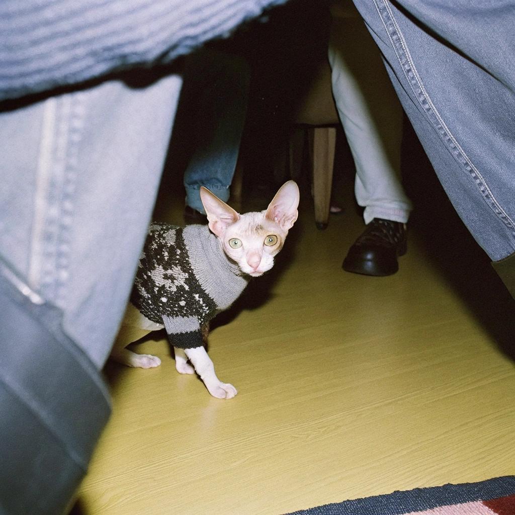 The sweater adorns this sleek feline, proudly showcasing its owner's exceptional knitting skills. The tale behind this stylish ensemble is one of warmth and companionship.

Legend has it that during a particularly chilly winter evening, as snowflakes gently fell outside, the cat sought refuge in its owner's lap. Enveloped by the cozy blanket, the duo basked in each other's company, savoring the comfort of shared moments. In appreciation for their bond and to keep the feline friend warm during future cold spells, the owner crafted this unique sweater, a thoughtful gesture that not only keeps the cat snug but also serves as a testament to their enduring friendship.