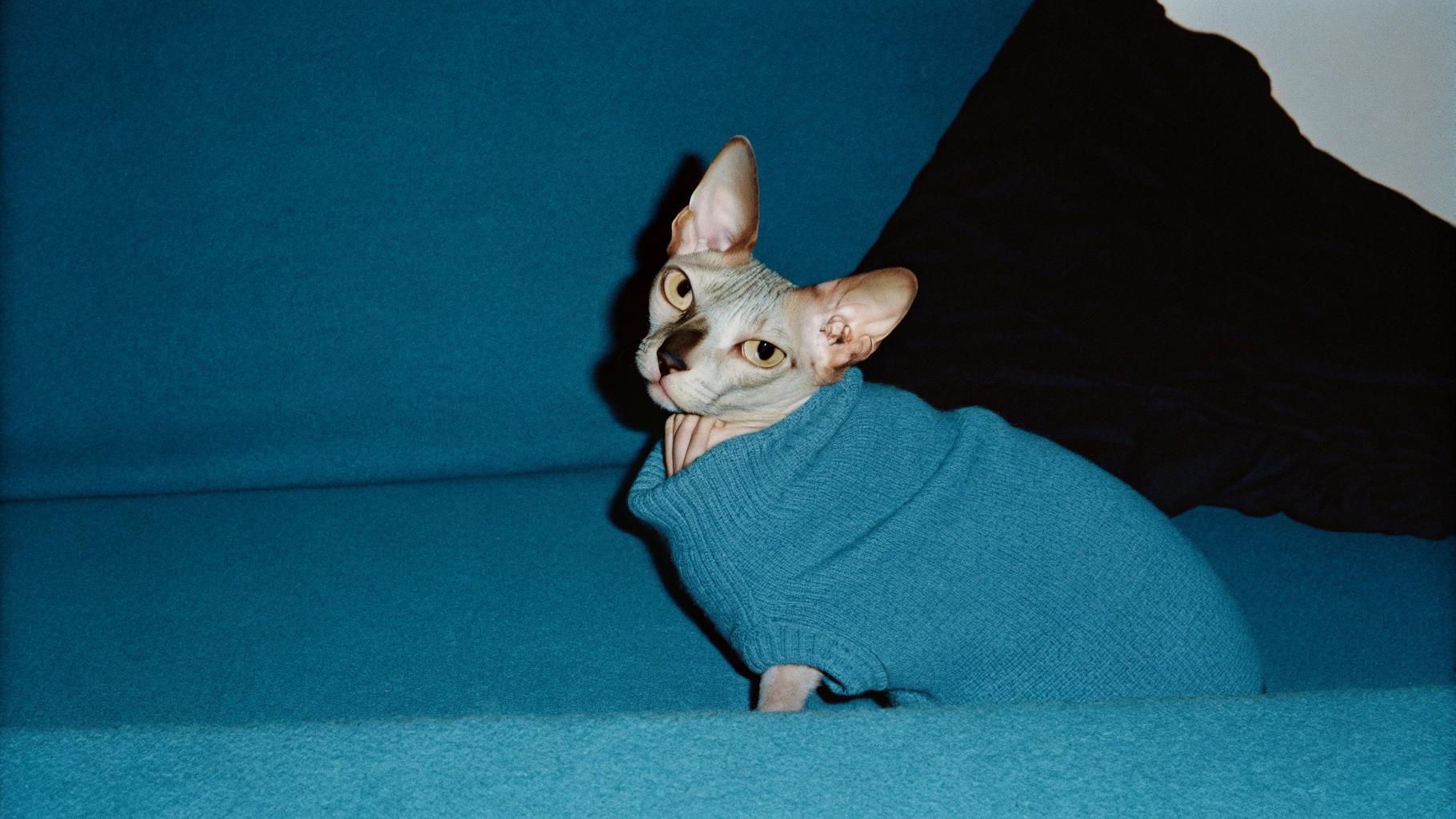 The cat is sporting a stylish blue turtleneck sweater, which was awarded to him by his owner as a prize for winning the coveted title of "Most Dapper Feline" in their neighborhood's annual pet show.

This prestigious honor recognizes the cat's impeccable grooming and dashing good looks, making him the envy of all his feline friends. With his newfound fame, the cat is enjoying all the perks that come with being a fashion icon, including regular photo shoots and appearances on social media. His owner couldn't be prouder of their stylish companion, who has become the talk of the town.