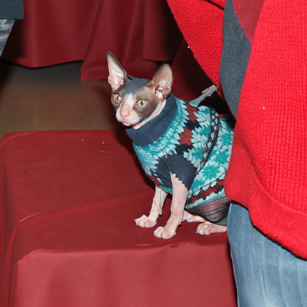 **Sweater Description**

The sweater is an argyle pattern with shades of blue, red, black, white, and teal.

**About the Cat**
This cat has a unique appearance due to being a Sphynx breed that lacks fur. It is also known as a "hairless" or "naked" cat. The Sphynx breed was developed in Canada by selective breeding of cats with natural mutations.