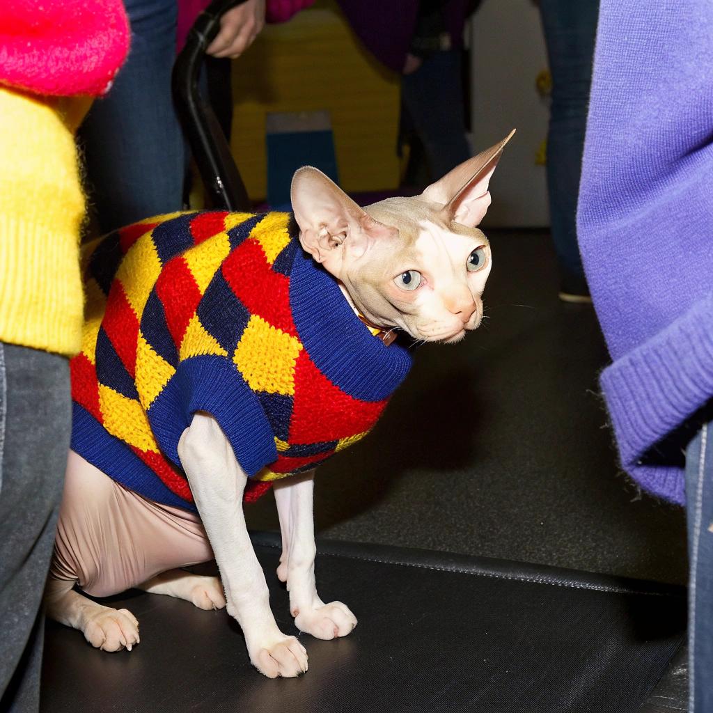 This stylish feline is donning a vibrant argyle knit sweater, adding a touch of sophistication to its sleek coat.

**The Sphynx Cat's Story**

* The cat has been awarded this coveted sweater as part of the 2019 World Cat Federation's "World's Ugliest Cat" contest.
* Despite being a hairless breed, the cat's unique features and charming personality earned it top honors in the competition.