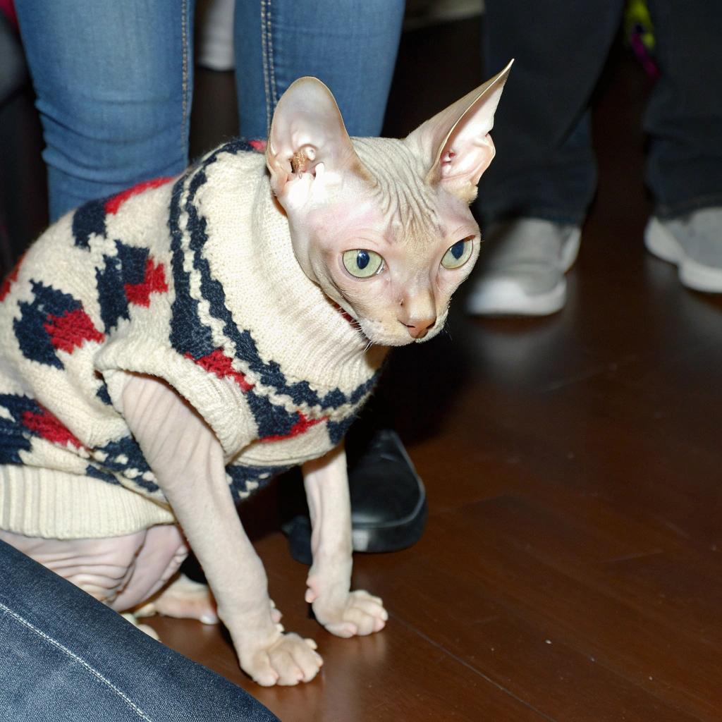This stylish Sphynx feline is donning a cozy knitted turtleneck sweater, perfect for chilly winter days.

**About the Cat**

The Sphynx cat breed originated in Canada in the 1960s when a natural mutation occurred, resulting in hairlessness. Since then, they have become one of the most popular breeds worldwide due to their affectionate and outgoing personalities.

**A True Gentleman**

This particular Sphynx cat has earned his sweater through good behavior and companionship, making him the perfect addition to any family looking for a loving and loyal pet.