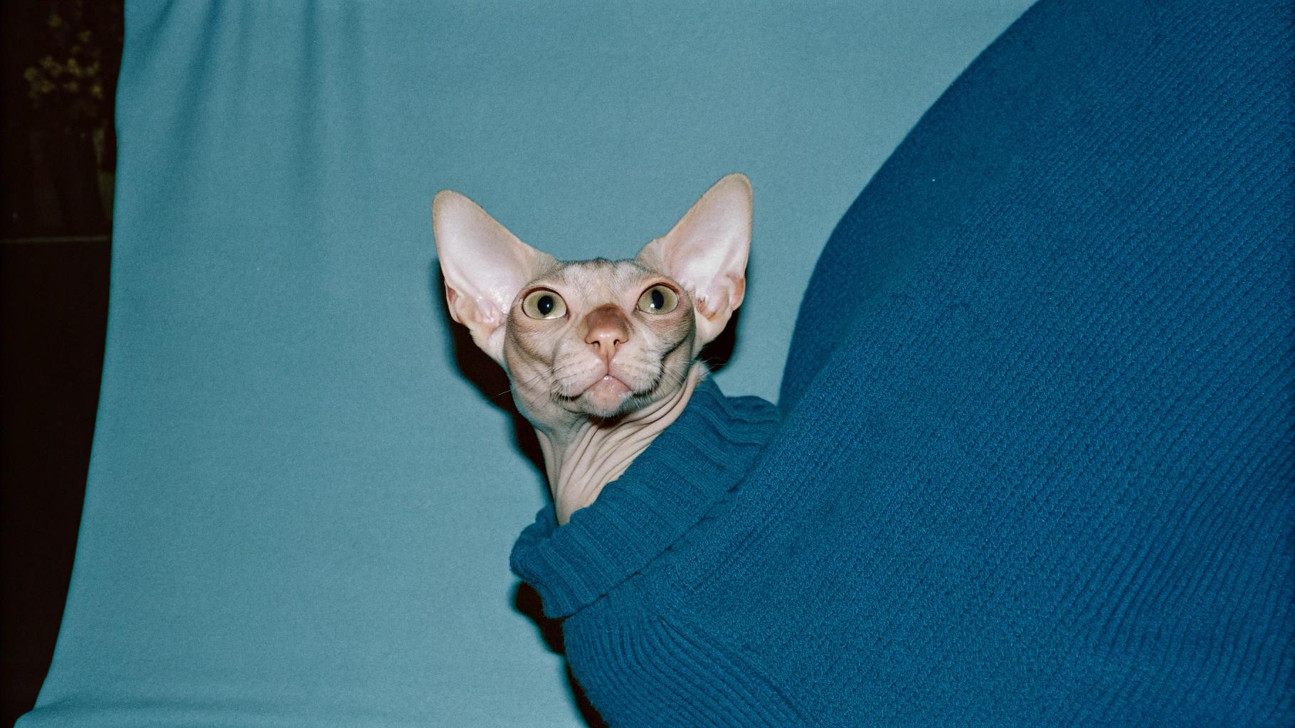 **Caption:** "Feline Fashionista: A Sphynx Sensation in Teal Turtleneck"

This dapper feline has clearly earned its teal turtleneck sweater, thanks to its uncanny resemblance to a certain 1990s pop icon - none other than George Clooney. The Sphynx cat's sleek, wrinkled skin and piercing green eyes have won over the hearts of many, earning it the nickname "The Clooney Cat." With its charming demeanor and stylish attire, this whiskerless wonder is sure to turn heads wherever it goes. Whether lounging in the sun or strutting down the catwalk, The Clooney Cat knows how to make a statement - and that's purr-fectly fabulous.