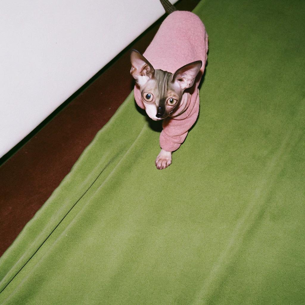 The cat is wearing a pink sweater, likely due to its unique appearance as a Sphynx breed which has no fur. The sweater serves both functional and aesthetic purposes by keeping the cat warm while also adding a touch of style to its distinctive look.