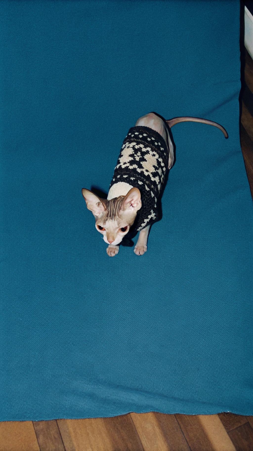 This stylish feline is donning a black and cream-colored fair-isle sweater, exuding sophistication and charm. The sweater's intricate pattern features geometric shapes in alternating colors, adding a touch of elegance to its wearer.

The cat's owner, an avid knitter, created the sweater as a special gift for her beloved pet. With meticulous attention to detail and a passion for creating unique pieces, she wove together the finest yarns to craft this beautiful garment. The result is not only a fashion statement but also a testament to the bond between human and animal.