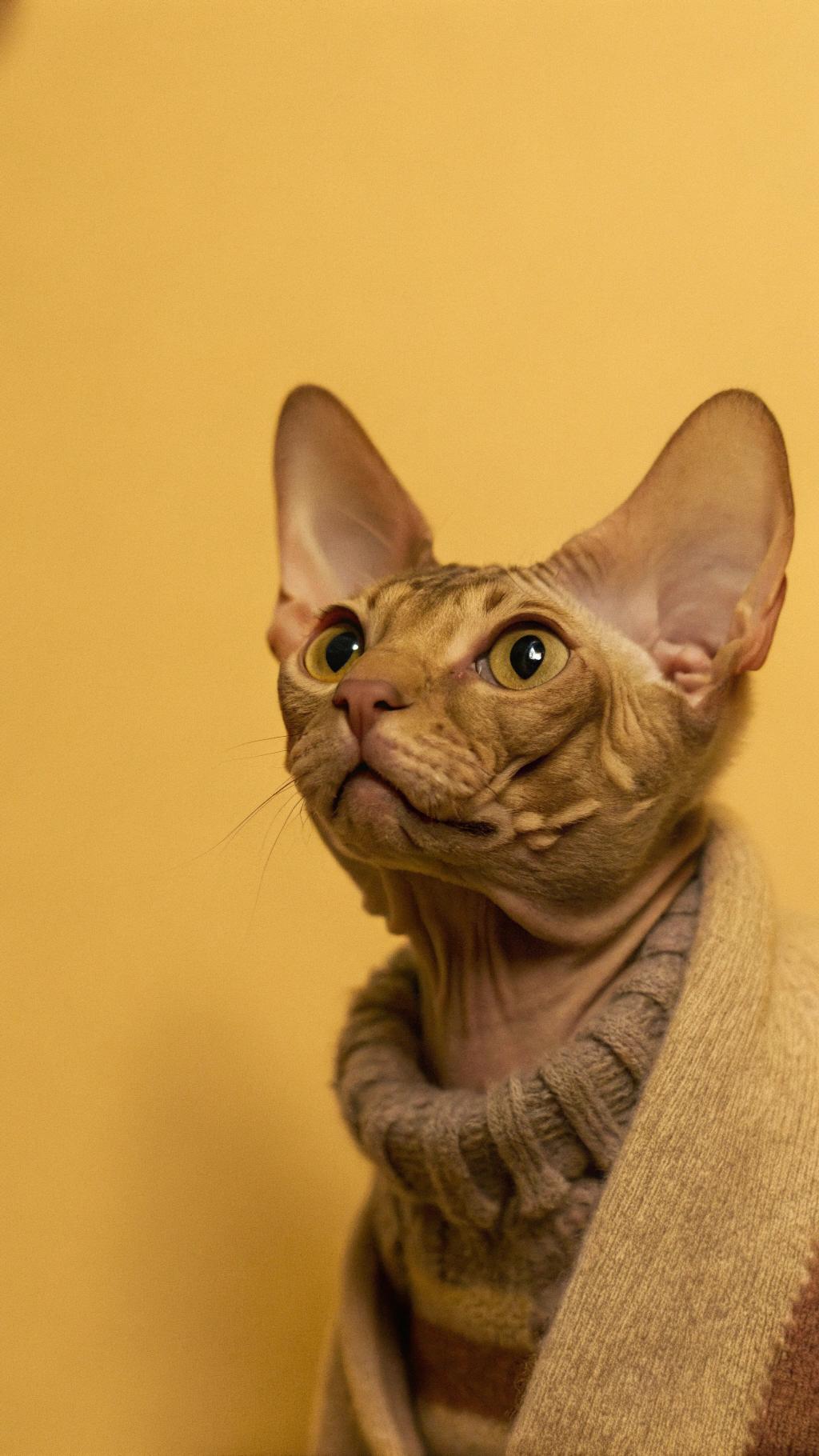 * The cat is wrapped in a cozy, oversized brown turtleneck sweater.
* According to legend, this feline fashionista was known for its exceptional knitting skills.

**The Story Behind the Sweater**

During a particularly harsh winter, the cat used its paws to knit warm sweaters for all of its neighbors. Its kindness and skill did not go unnoticed, earning it a reputation as the neighborhood's most talented and generous knitter.

**A Symbol of Appreciation**

As a token of gratitude, the community gifted the cat this oversized sweater, which it proudly wears with pride.