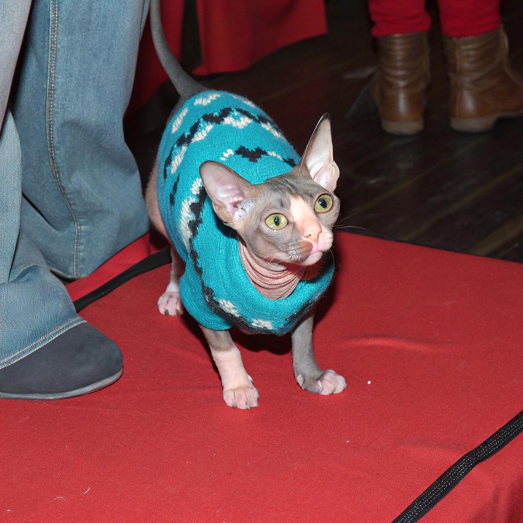 **Caption:** "Purr-fectly Cozy: Sphynx sensation, Doodlebug, struts her stuff in this stylish teal knit sweater.

**The Story Behind the Sweater:** Doodlebug, a hairless Sphynx cat from New York City, earned this cozy knitted sweater for being crowned "Cat of the Year" at the 2010 International Cat Show. Her striking features and charming personality captured the hearts of judges and attendees alike, making her the ultimate feline fashionista.