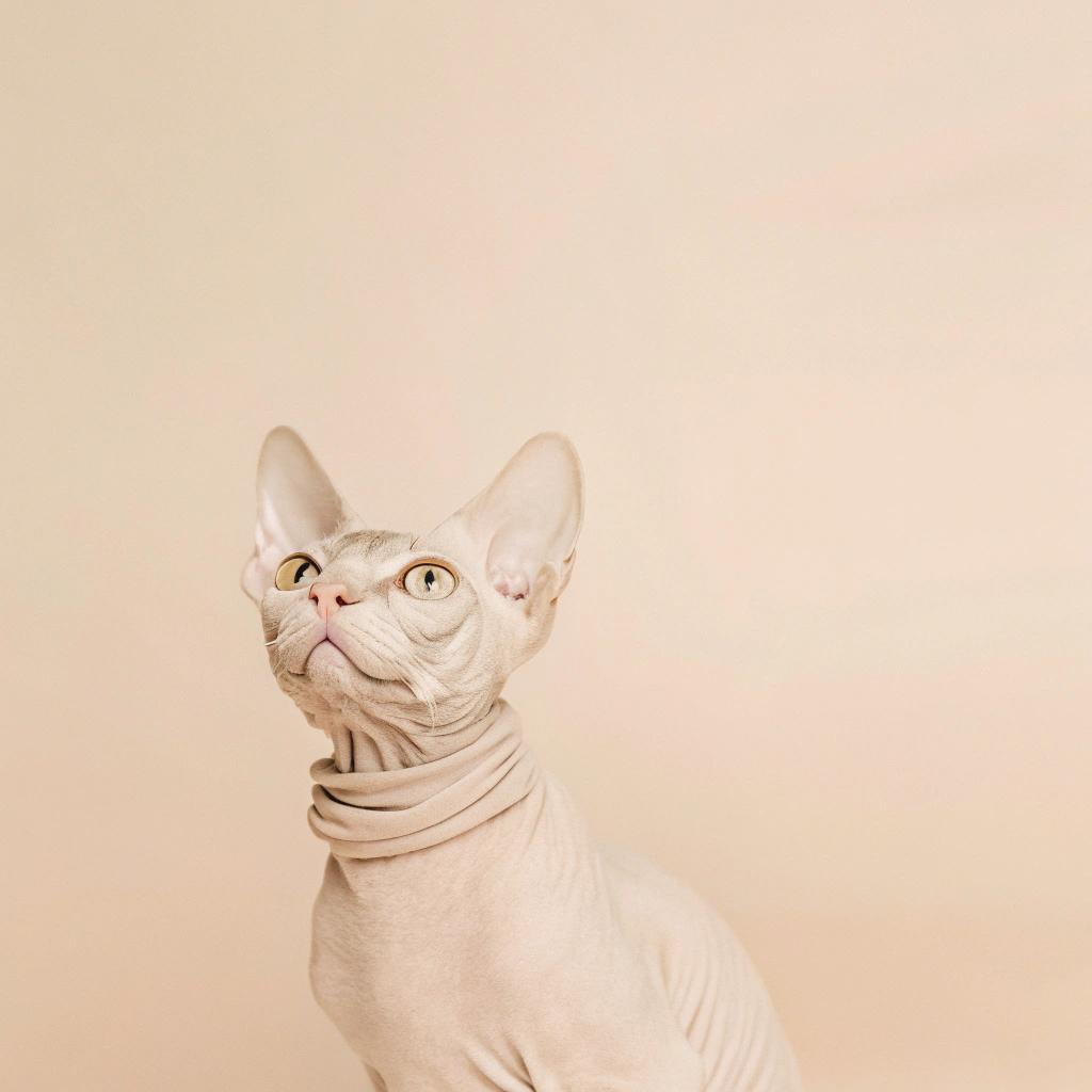 The cat is wearing a beige, knitted scarf that adds a touch of warmth to its sleek fur. The scarf was given to the cat by its owner as a special gift after it completed the "Cat-itude Challenge," a fun series of tricks and activities designed to test the cat's agility and cunning.