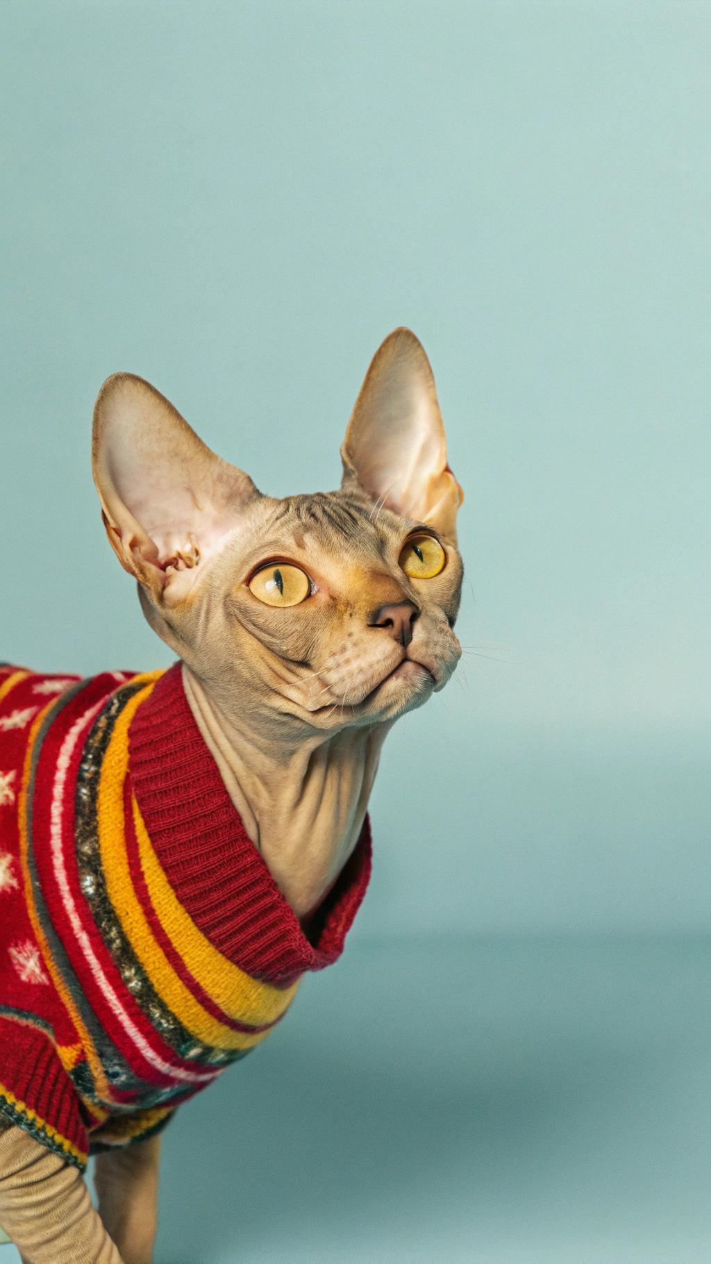 This is Muffin, a proud Sphynx cat who has been granted an honorary title in the local animal kingdom: "The Lord of Cozy Sweaters." His owner, a kind old lady named Mrs. Jenkins, lovingly knitted this sweater for him after he spent hours snuggled up beside her on the couch, purring contentedly as she read a book aloud to him. The sweater is made from the softest, most luxurious yarn available, and it fits Muffin perfectly, accentuating his sleek physique while keeping him warm on chilly winter nights. Whenever Mrs. Jenkins puts the sweater on Muffin, he struts around the house with an air of confidence that is impossible to ignore, his little pink nose twitching with excitement as he surveys his domain from atop a pile of soft blankets. Despite his regal demeanor, however, Muffin remains humble and kind, always ready to offer a gentle head-butt or purr of approval to anyone who comes near him.