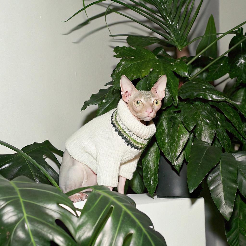 The sweater is an off-white, knitted turtleneck with a cable-knit pattern on the collar.

This bespoke sweater was crafted especially for our feline friend by his devoted owner, who had noticed that their beloved pet would venture outside into the chilly winter mornings to enjoy birdwatching. To ensure that he could appreciate this hobby without discomfort, they decided to create a custom-made turtleneck sweater for him. The sweater is designed to keep him warm while allowing him to move freely and observe his feathered friends with ease.