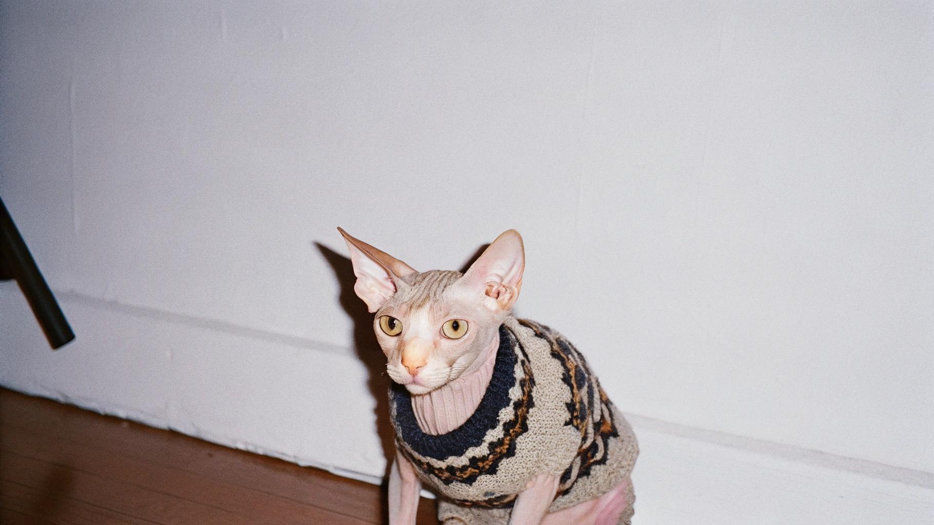 The sweater worn by this unique feline is a testament to their hard-won reputation as a fashion icon. This sleek, stylish cat gained notoriety after being spotted at high-end fashion shows, where they effortlessly paired designer accessories with avant-garde outfits, turning heads and captivating audiences.

Their impeccable sense of style earned them the nickname "The Sartorial Sphynx," solidifying their status as one of the most fashionable cats in the industry.