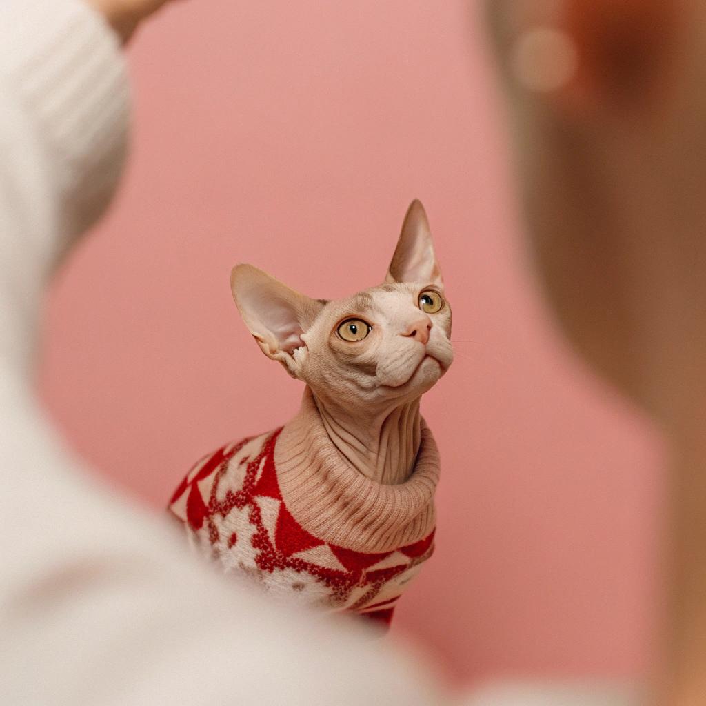 **Caption:** "The 'Purr-fectly Festive' Feline: A Sphynx Cat's Christmas Sweater Soiree"

In this heartwarming holiday scene, an adorable Sphynx cat proudly sports a vibrant red and white argyle sweater, adorned with festive holly patterns. The cat earned this cozy attire as the grand prize in a "Ugly Sweater" contest held by its owner at a local cat cafe. After a series of playful photo shoots showcasing their feline friends donning holiday sweaters, one lucky winner was chosen to receive this adorable sweater. With its new festive fashion statement, this Sphynx cat is sure to be the talk of the town during the holiday season.