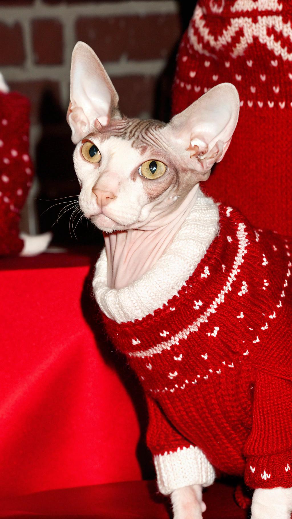 The sweater is red with white trim, featuring intricate patterns of hearts and snowflakes. This unique knitwear was designed specifically for a special feline friend who has captured the hearts of many - Sphynx cat, named "Mittens" by her adoring fans.

**About Mittens**

* Known as the "Queen of Christmas Sweaters"
* Famous for strutting around in festive attire during the holiday season
* A social media sensation with over 1 million followers

**Personality and Popularity**

* Laps up attention from fans worldwide
* Brings joy to all who meet her, spreading cheer wherever she goes