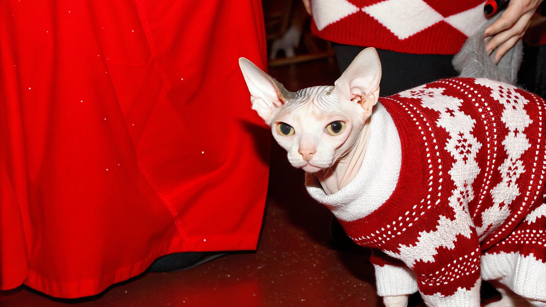 This holiday season, meet the purr-fectly festive feline fashionista, sporting an elegant red and white fair isle patterned sweater adorned with intricate snowflake designs.

But what's the story behind this stylish cat's winter wardrobe? Well, let me tell you - it all began when our beloved Sphynx cat, affectionately known as "Squeaky" (don't ask why), won first prize at the annual Ugly Sweater Contest for Cats. With her sleek and shiny coat, she was the clear winner among a pack of ragamuffins clad in gaudy sweaters, striped socks, and mismatched mittens. The competition was fierce, but Squeaky's unique blend of sassiness, spunkiness, and holiday cheer earned her the top prize - a year's supply of catnip toys and a special invitation to the annual "Feline Fashionistas" Christmas party. And now, she proudly wears her prize-winning sweater every winter, spreading joy and festive cheer to all who lay eyes on her.