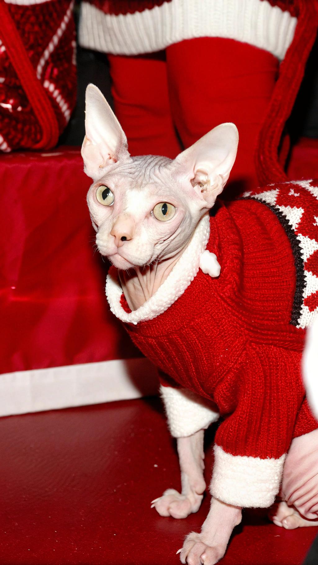 **The Festive Feline**

This holiday season, meet our beloved Sphynx cat, donning a vibrant red Christmas sweater adorned with white trim and intricate black and white patterns on the back. The sweater was awarded to this feline friend as part of a festive holiday costume contest at a local pet store, where it emerged victorious among its peers.

**About the Cat**

Our Sphynx cat is a hairless breed known for its sleek, wrinkled skin and affectionate nature. With large ears and bright yellow eyes, it exudes elegance and sophistication. The cat's unique appearance has earned it a special place in the hearts of all who meet it, making it an ideal ambassador for the holiday season.

**A Joyful Holiday Companion**

As we celebrate this joyous time of year, our Sphynx cat is sure to bring cheer and warmth to all who encounter it. Its festive sweater adds an extra touch of magic to its already charming personality, making it a true delight to behold.