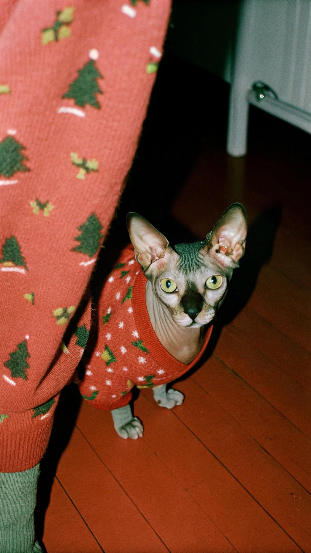 This festive holiday sweater is a testament to the hard work and dedication of our beloved office cat, Mr. Whiskers. As the official "Mascot-in-Chief" of our company's holiday party planning committee, Mr. Whiskers took it upon himself to personally inspect every detail of this year's festivities. From taste-testing eggnog to ensuring the proper alignment of festive decorations, Mr. Whiskers' keen feline instincts and discerning palate made him an invaluable asset to the team. As a reward for his tireless efforts, our generous party planners gifted him with this cozy holiday sweater, complete with its own built-in catnip-infused pocket for extra relaxation during long hours of festive merriment.
