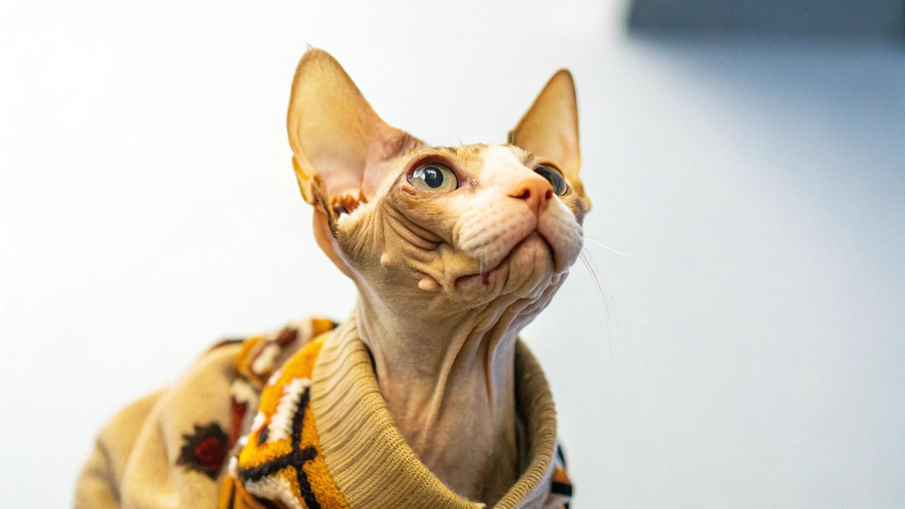 This stylish feline is sporting a vibrant, hand-knitted turtleneck sweater adorned with an Aztec-inspired pattern in shades of orange, white, black, and red.

The sweater's recipient, a Sphynx named Purrkin, was awarded this unique garment by the owner as a reward for mastering the art of hunting invisible bugs. Despite its lack of fur, Purrkin has proven itself to be an expert bug catcher, earning this honor with a single catch.
