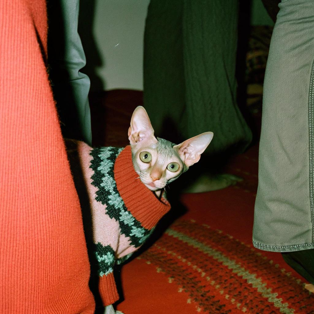 This stylish feline is donning a vibrant red turtleneck sweater, complete with a striking green houndstooth pattern that adds a touch of sophistication to its slender frame.

**A Purrfect Story**

Legend has it that this discerning cat earned the sweater as a reward for saving the lives of three kittens trapped in a precarious tree. With quick thinking and agility, the cat scaled the trunk and rescued each kitten one by one, earning their undying gratitude and admiration. As a token of appreciation, they presented the cat with its very own bespoke sweater - a testament to its bravery and heroism.